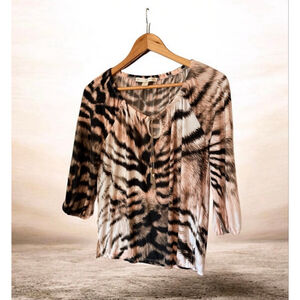 Women's Boston Proper Blouse XXS Brown Black Tiger Print